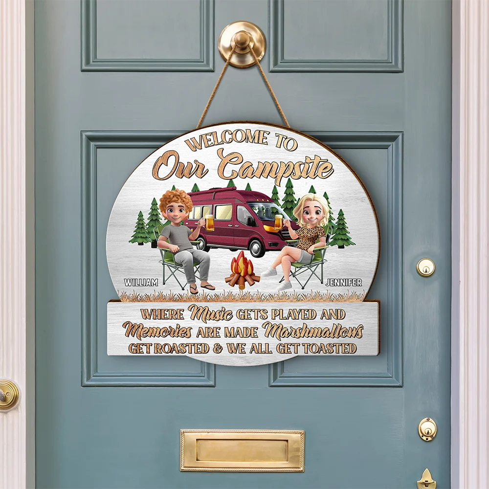 Welcome to Our Camper - Personalized Custom Shaped Wood Sign for Camping Besties Wood Shaped Sign PopCulturePrints