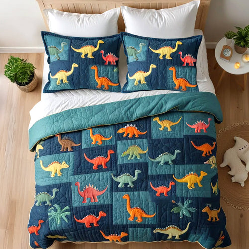 Cute Dinosaur Pattern Quilt Bed Set - Perfect Gift for Dino Lovers Blanket PopCulturePrints