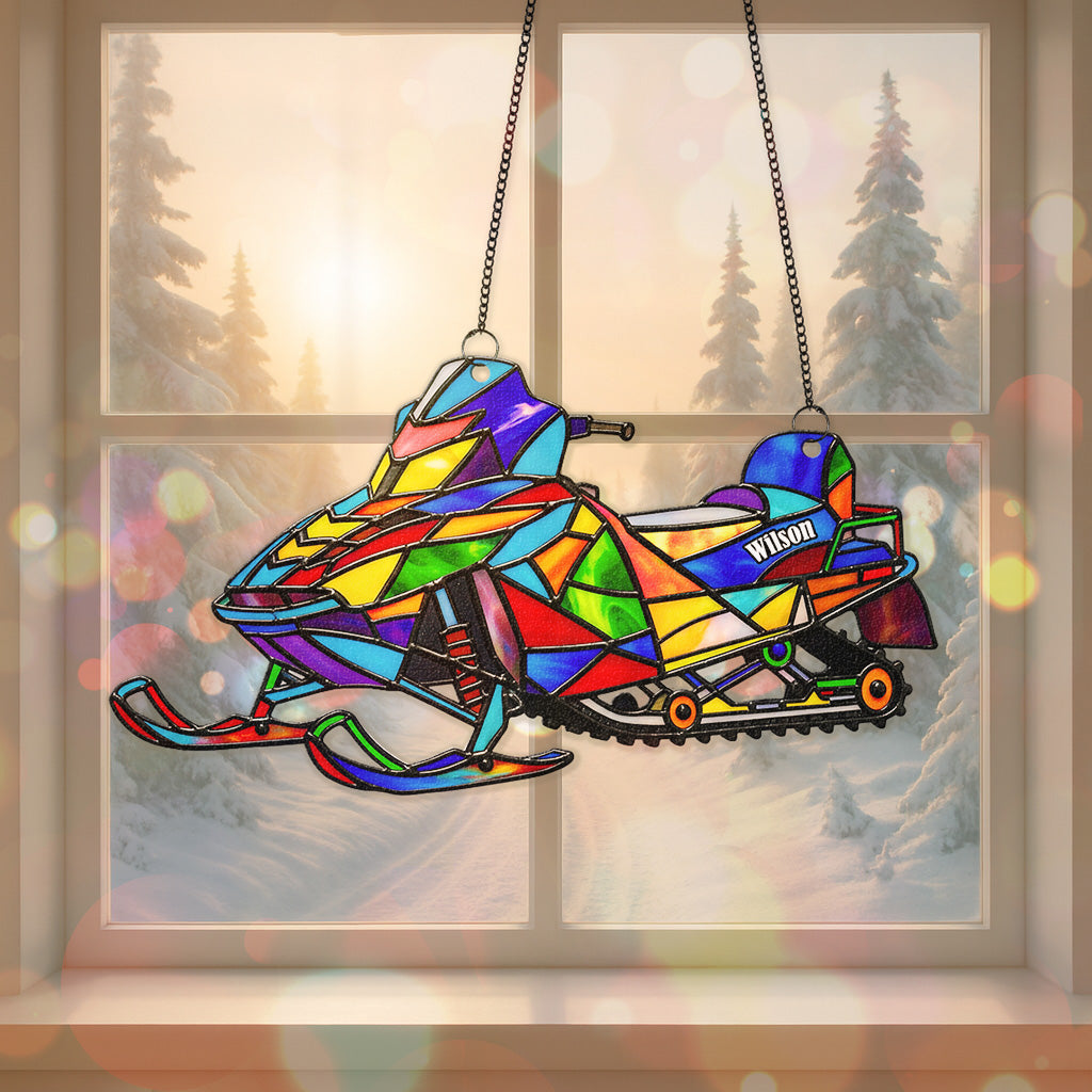“Ride the Snowy Trails” - Personalized Snowmobile Suncatcher - Gift for Snowmobile Lovers, Enthusiasts, and Adventurers Ornament PopCulturePrints