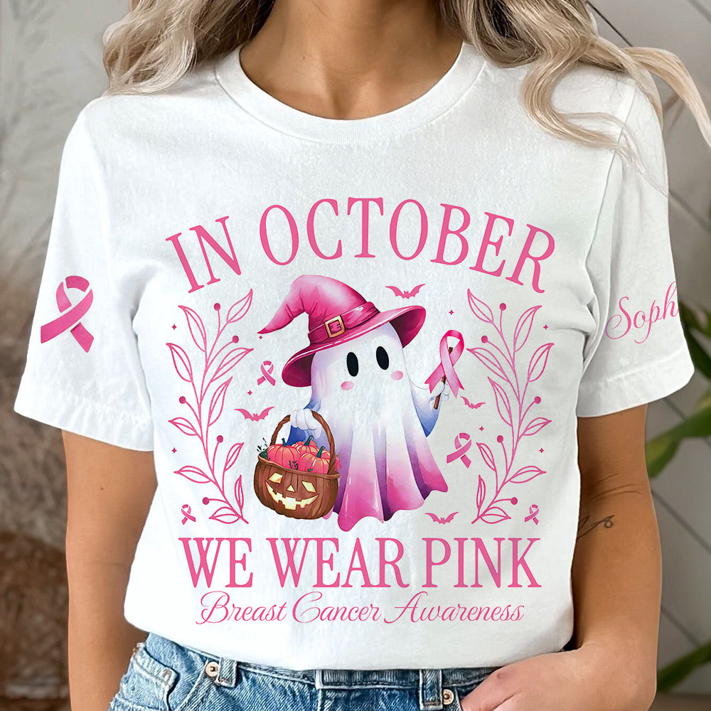 Personalized In October We Wear Pink Ghost Breast Cancer Awareness Shirt