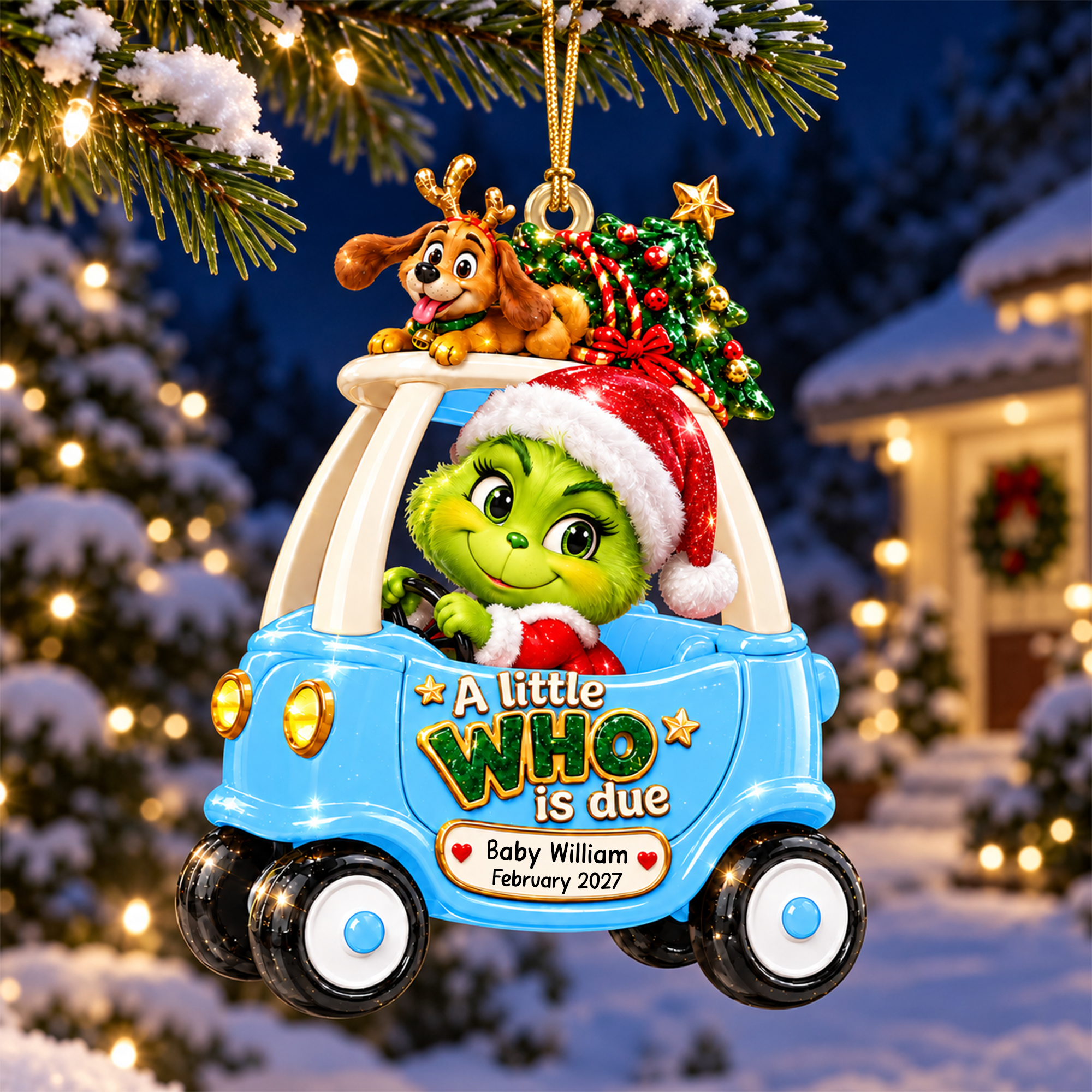 A Little WHO is Due - Personalized Baby On Car Ornament for Expecting Parents