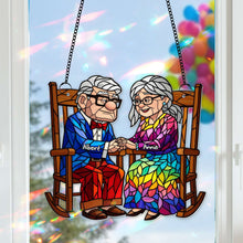 Load image into Gallery viewer, &quot;Love Knows No Age&quot; - Personalized Old Couple On the Porch Suncatcher - Custom Gift for Couples Ornament PopCulturePrints
