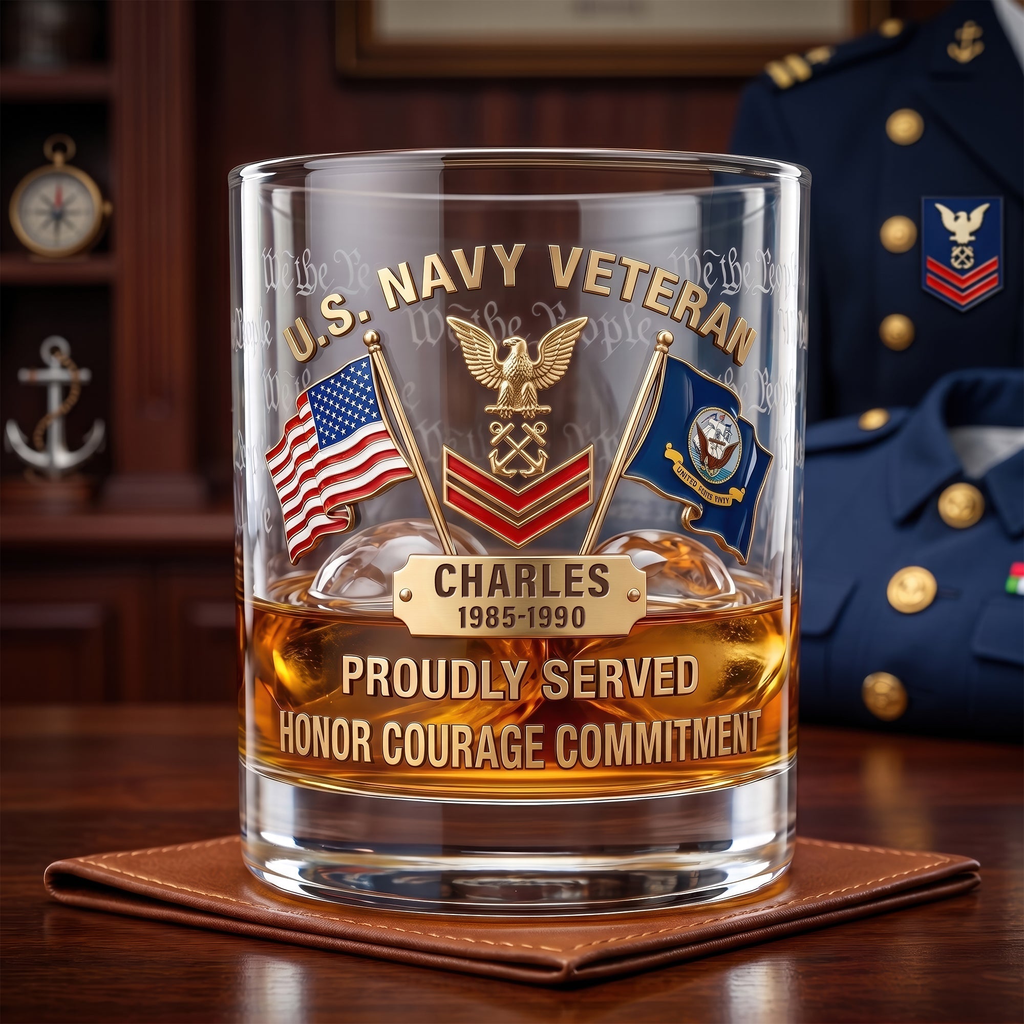 “Proudly Served” - Customizable Veteran's Reward Round Glass - Perfect Gift for Veterans