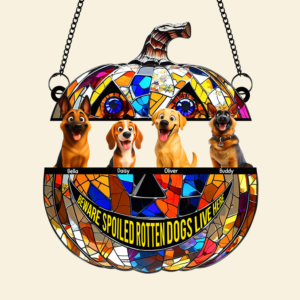 "Beware of Spoiled Rotten Dogs!" - Personalized Pumpkin Suncatcher Ornament - Custom Gift for Dog Lovers Ornament PopCulturePrints
