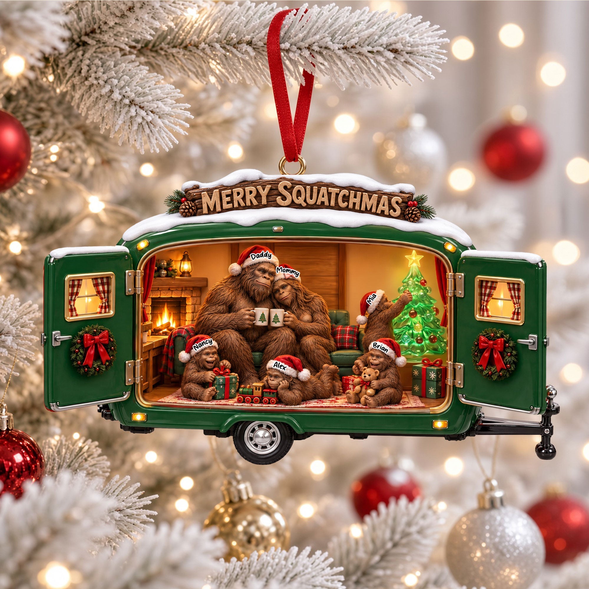 Celebrate Family Adventures with Our Personalized Cozy Camping Bigfoot Ornament - Perfect Holiday Gift for Bigfoot Enthusiasts