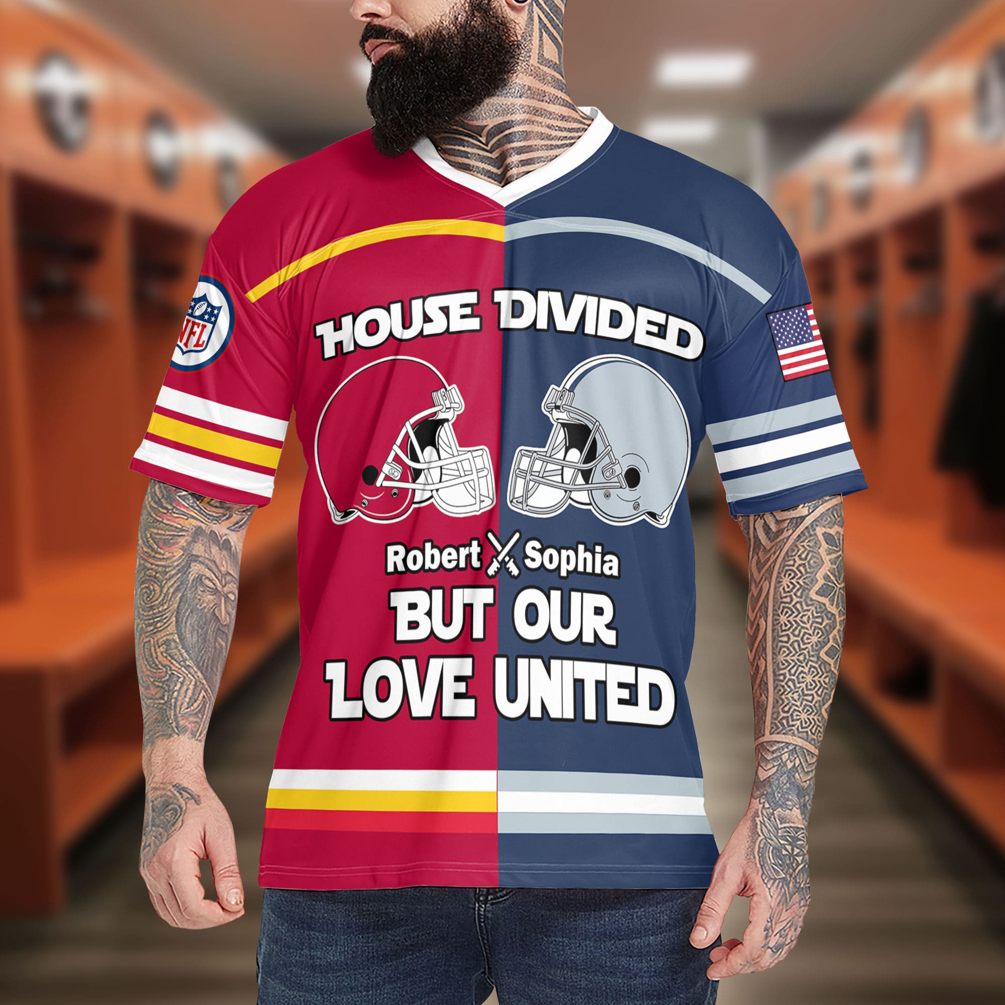 Personalized American Football Couple Jersey Shirt - House Divided But Our Love United