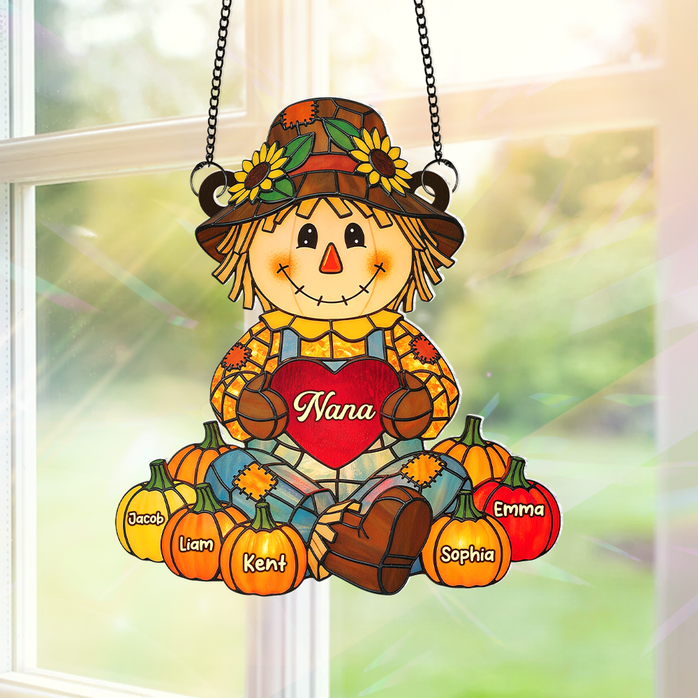 “A Grandma's Love Shines Bright” - Autumn Scarecrow Suncatcher - Personalized Gift for Grandma, Nana, Mom and Special Loved Ones Ornament PopCulturePrints