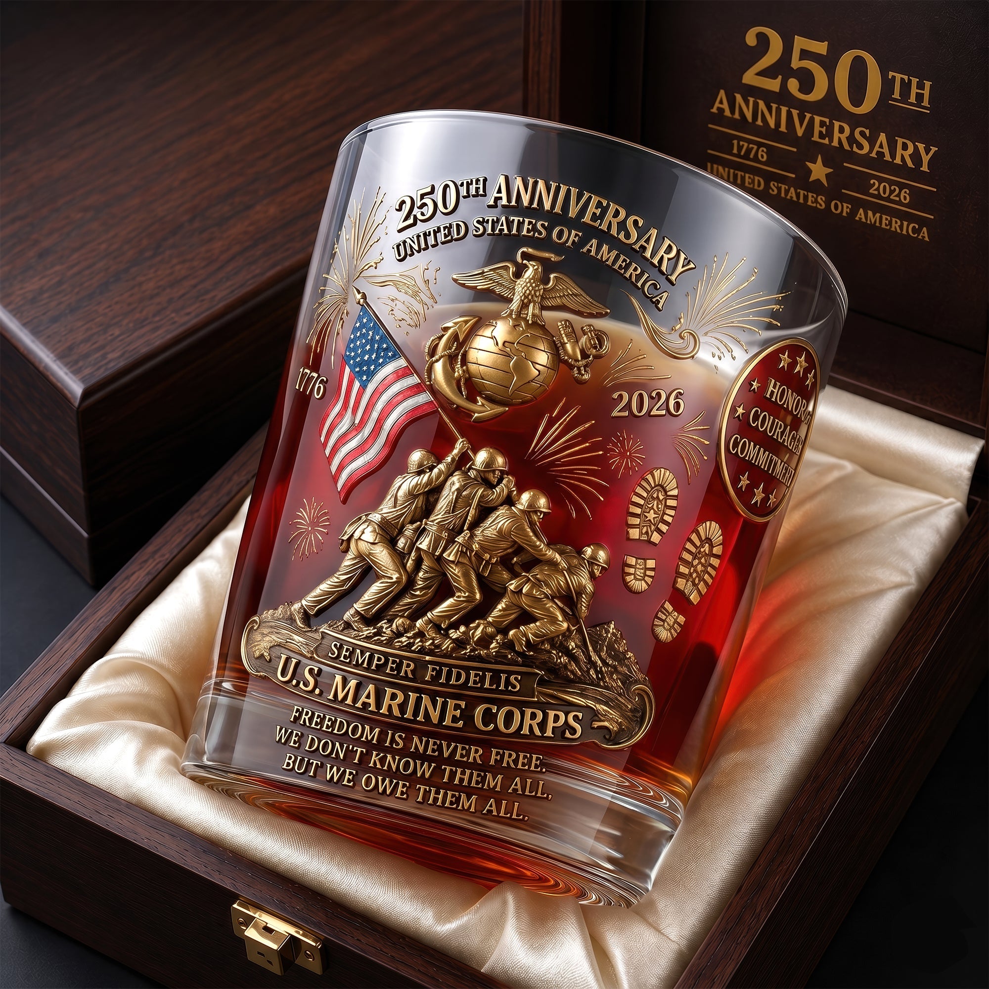 “Celebrate 250 Years of Freedom” - USA 250th Anniversary 11oz Round Glass - Personalized Gift for Veterans
