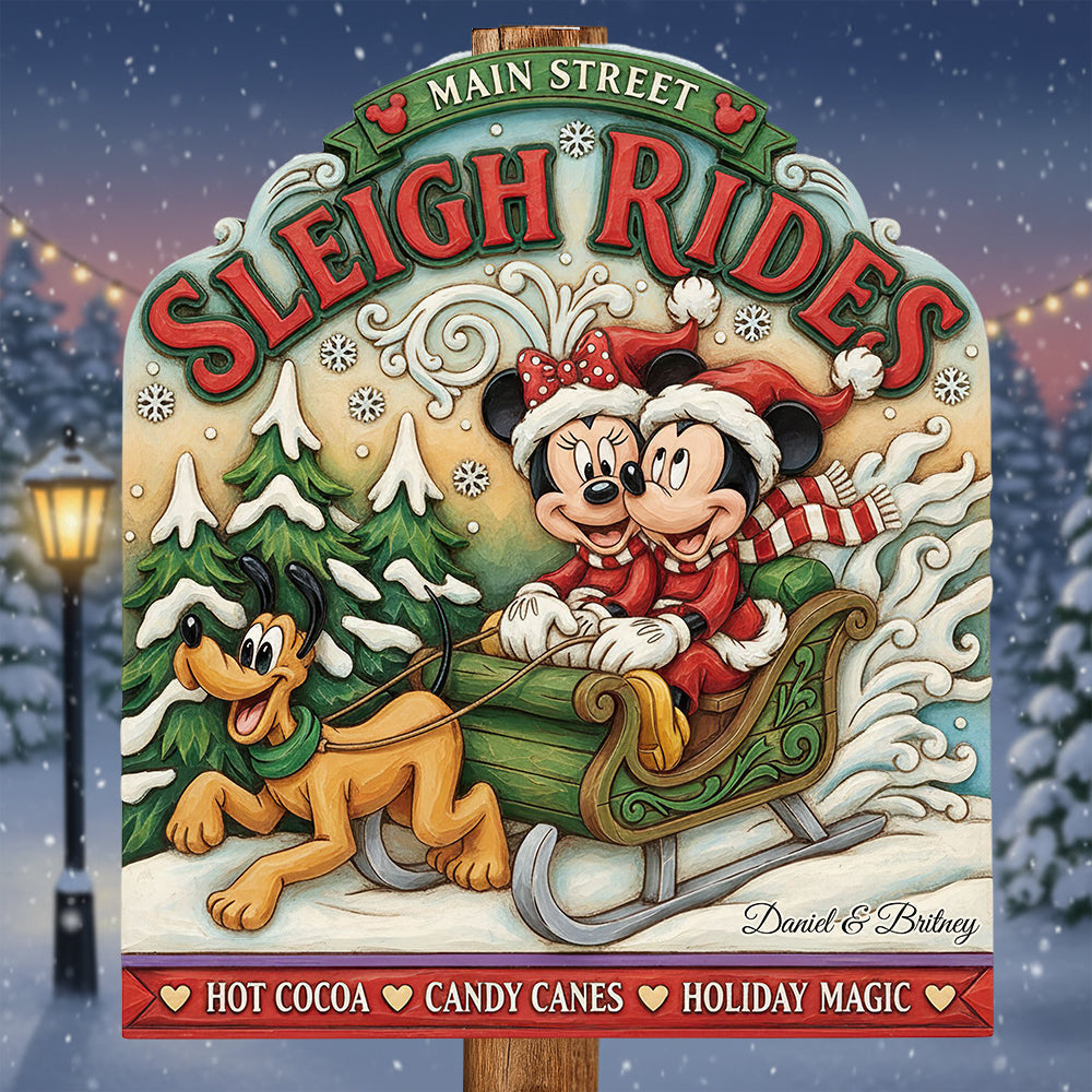 "Ride into Winter Wonderland!" - Personalized Jolly Couple On Sleigh Ride Wood Sign - Unique Christmas Gift for Couples, Friends, Family & Loved Ones Wood Sign PopCulturePrints