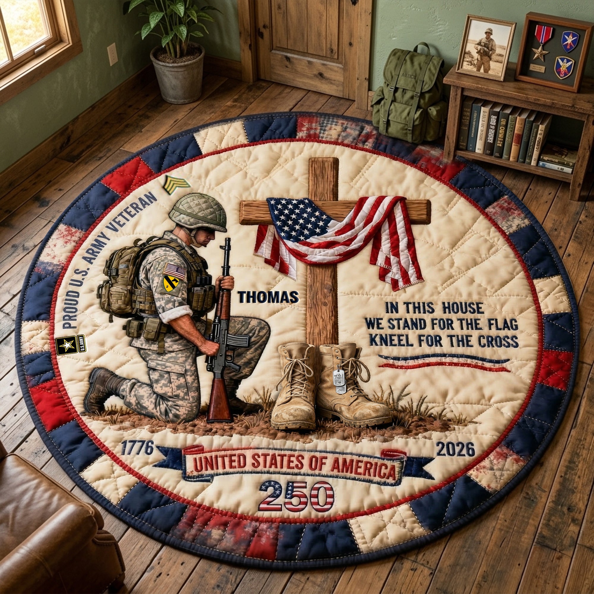 In This House We Stand for the Flag - Proud Military House Quilted Round Rug - Personalized Gift for Veterans Doormat PopCulturePrints