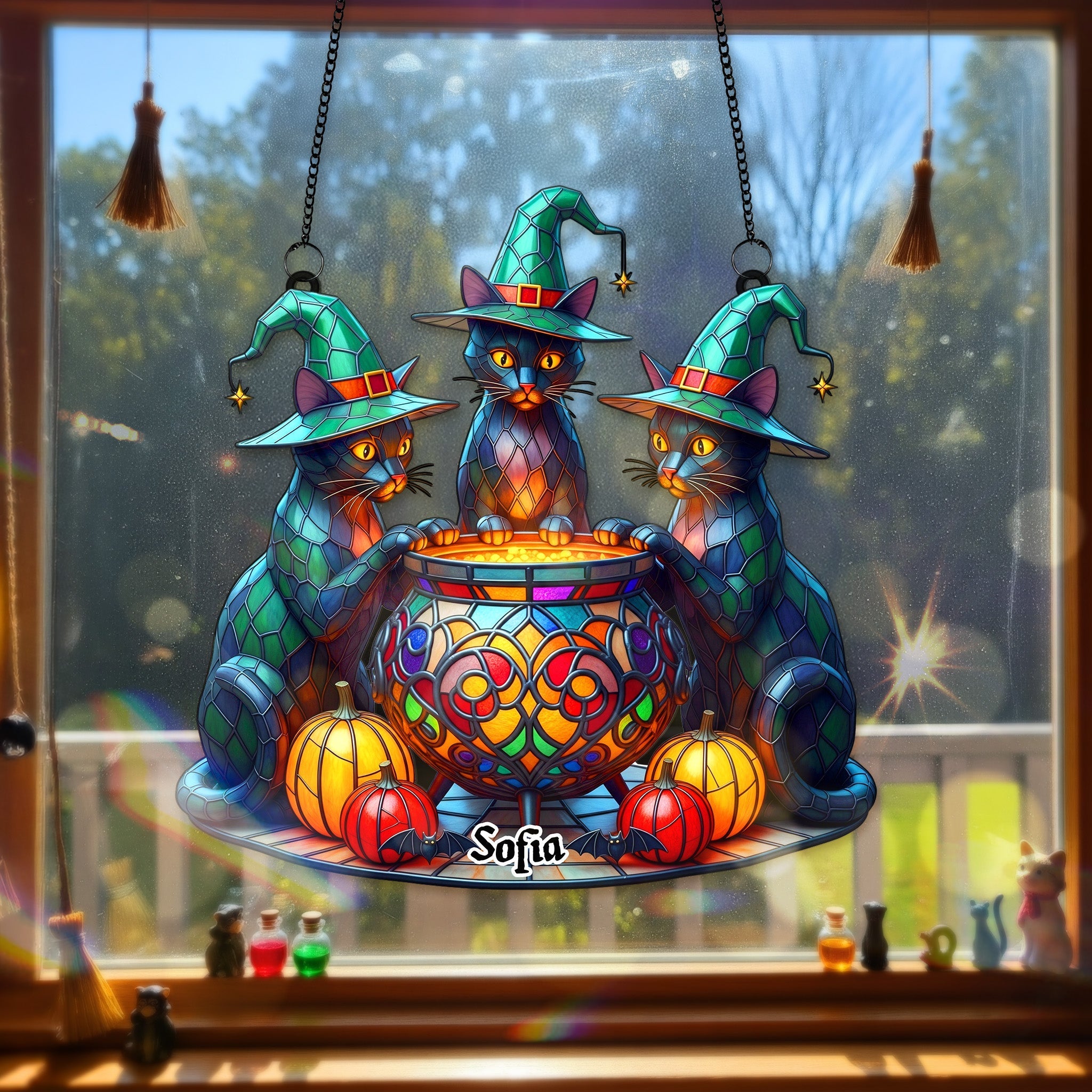 "Embrace the Magic of Halloween" - Witch Cat Suncatcher Ornament - Personalized Gift for Cat Lovers, Kids, and Halloween Enthusiasts Ornament PopCulturePrints
