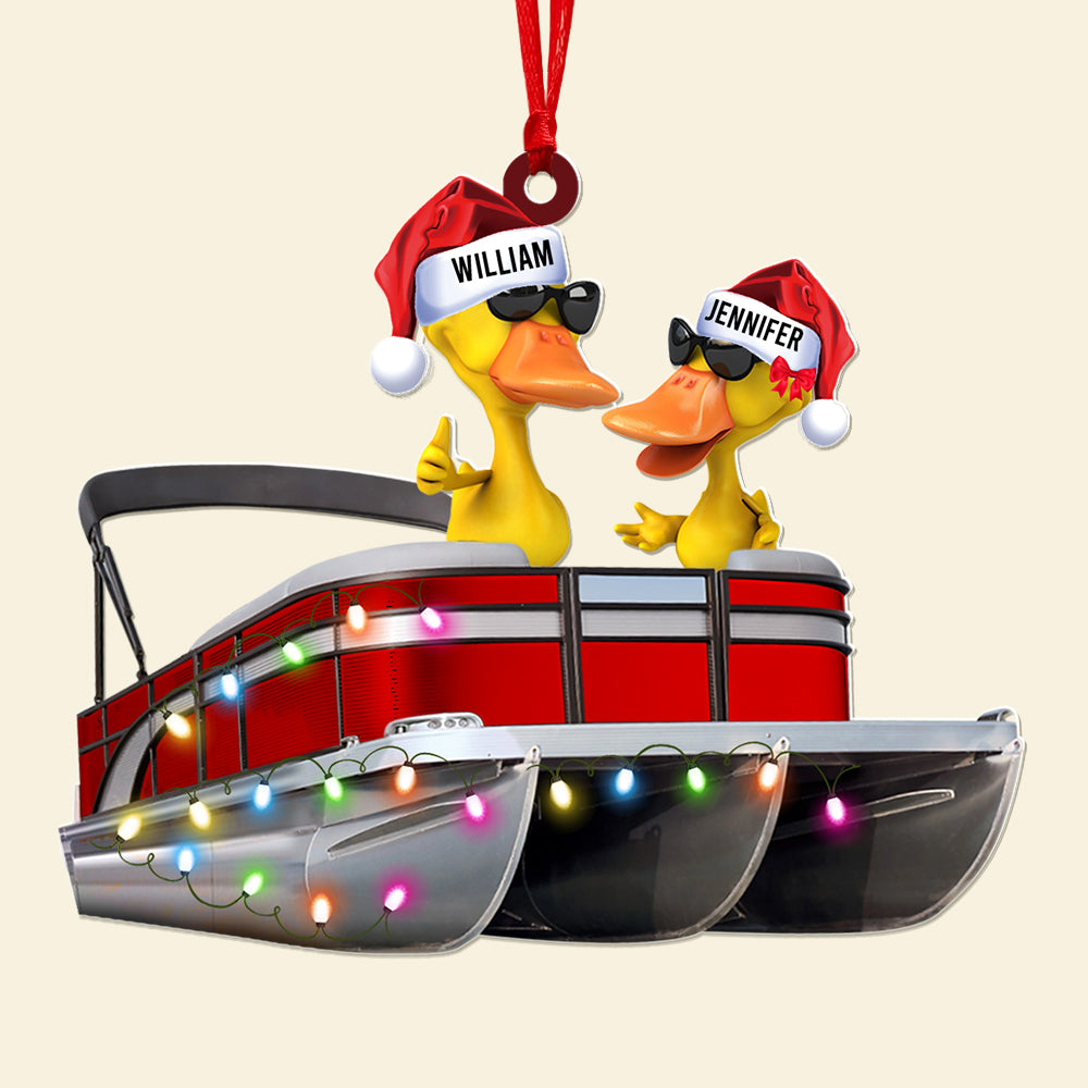 Personalized Pontoon Family Duck Christmas Ornament - Custom Names and Festive Lights