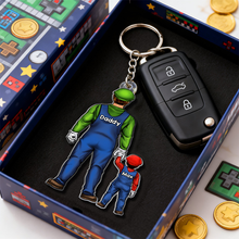 Load image into Gallery viewer, “Celebrate Your Super Dad!” - Retro Game Dad Keychain - Personalized Gift for Father, Grandpa, and More Keychains PopCulturePrints
