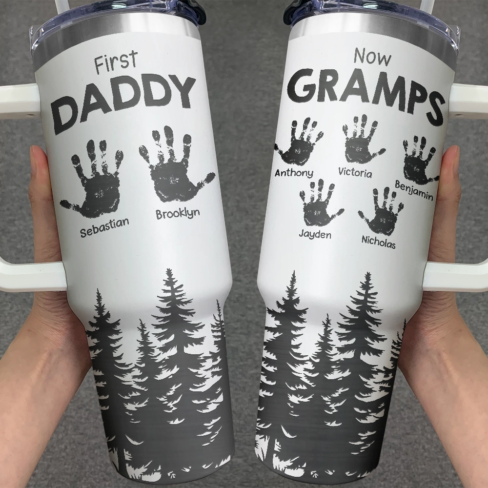 First Dad, Now Grandpa Hand Prints - Personalized Engraved 40oz Tumbler Engraved 40oz Tumbler PopCulturePrints