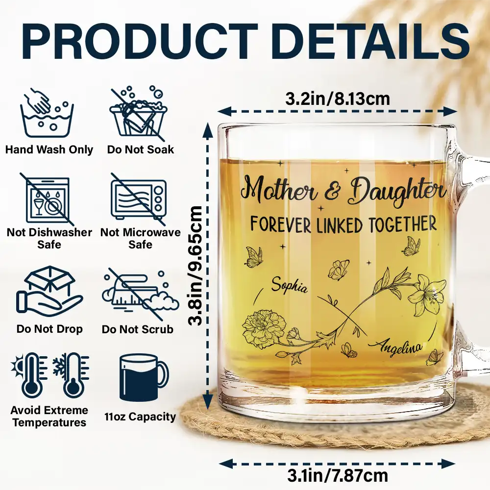 Mother & Daughter Forever Linked Together - Personalized Glass Mug Glass Mug PopCulturePrints