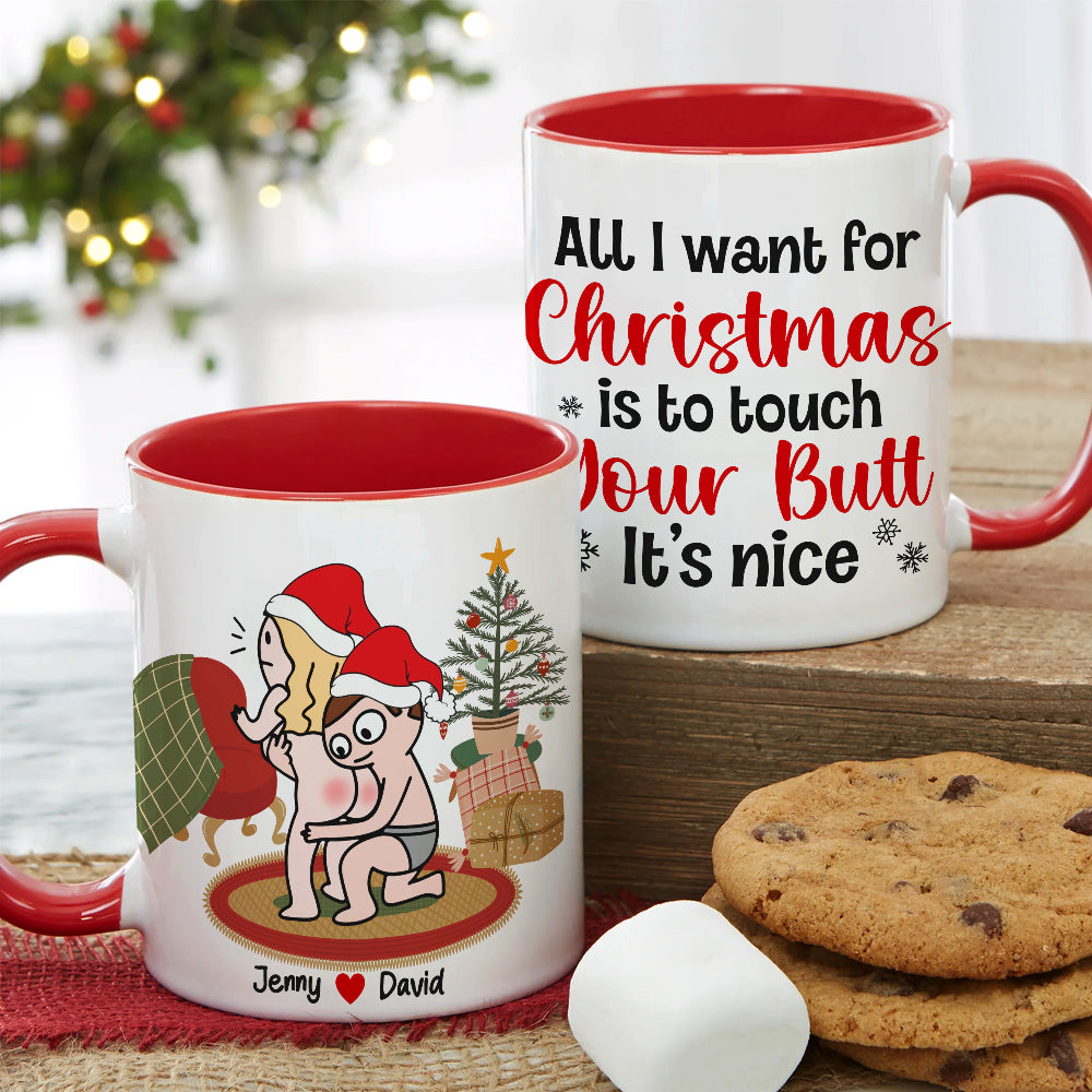 Personalized Funny Couple Christmas Mug - Touch Your Butt Design