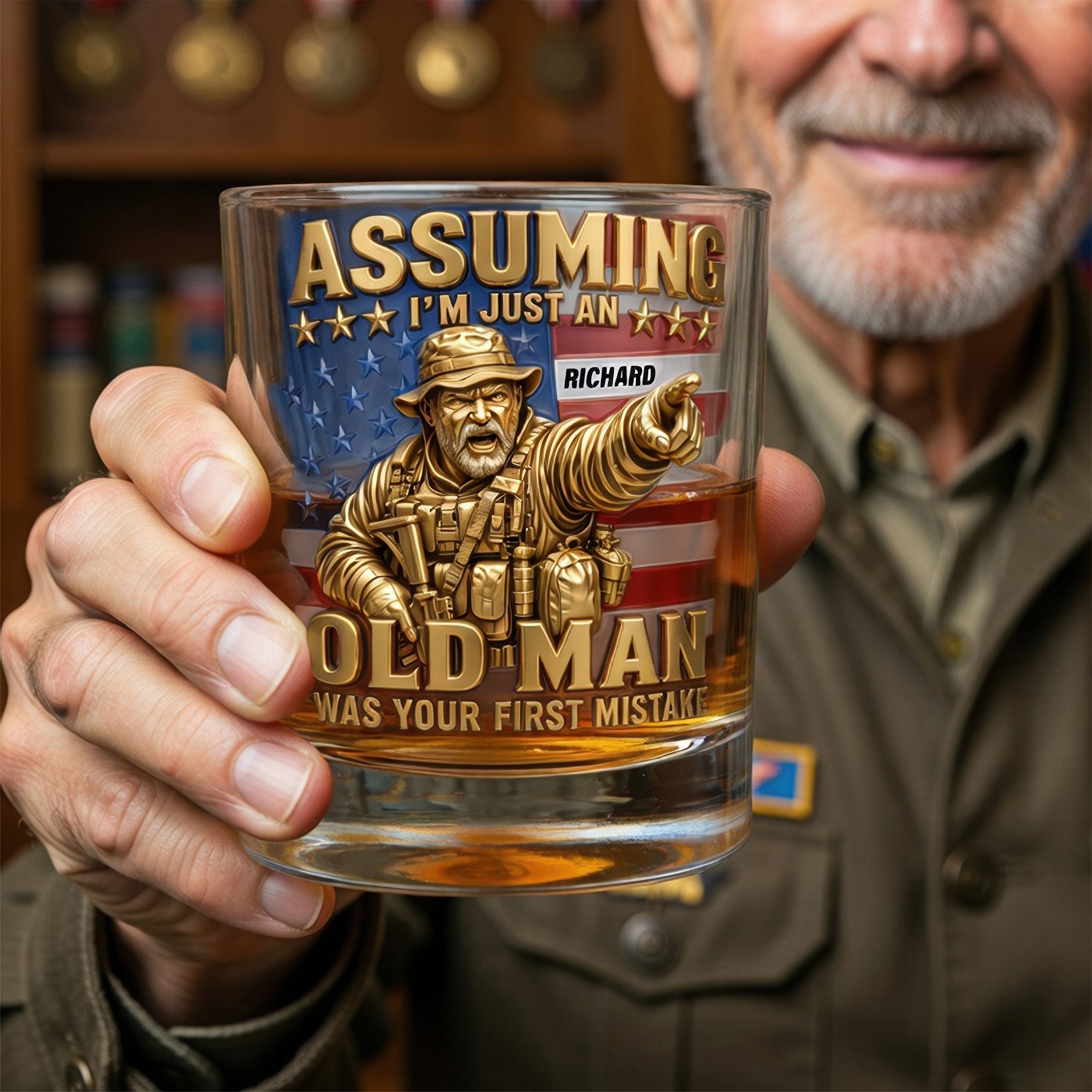 Assuming I'm Just an Old Man - Funny Veteran Round Glass - Personalized Gift for Veterans