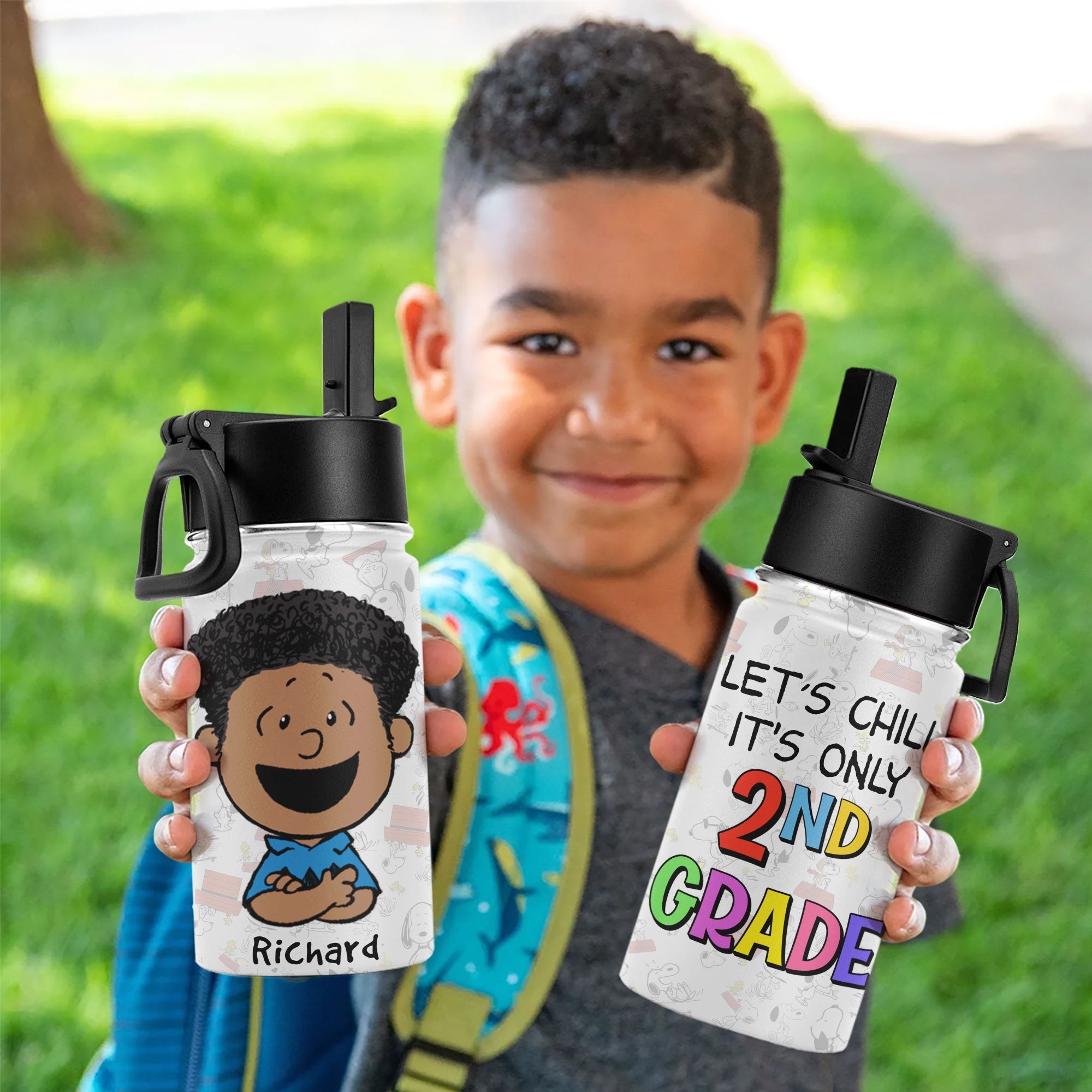 Personalized 1st Grade Water Bottle for Kids - Cute Cartoon Design