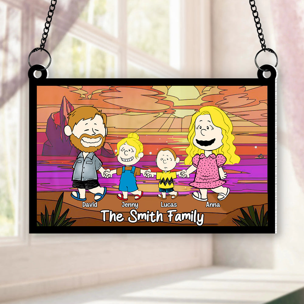 Personalized Family Cartoon Suncatcher Ornament - Custom Characters and Names