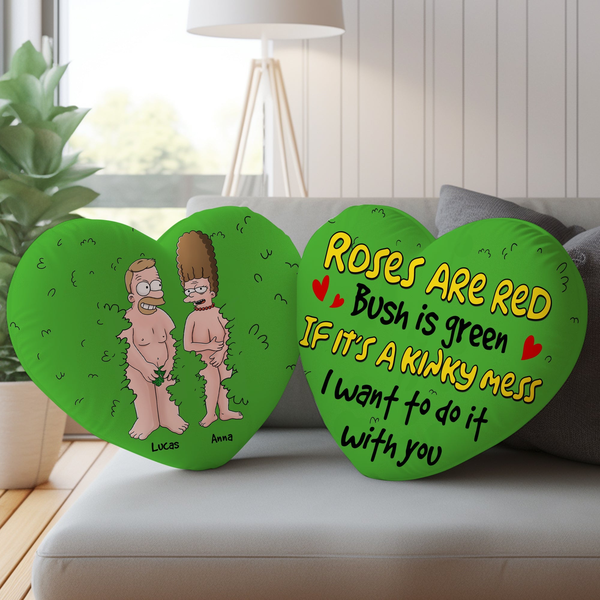 Personalized Naughty Couple Heart Shaped Pillow - Funny Bush Hiding Design