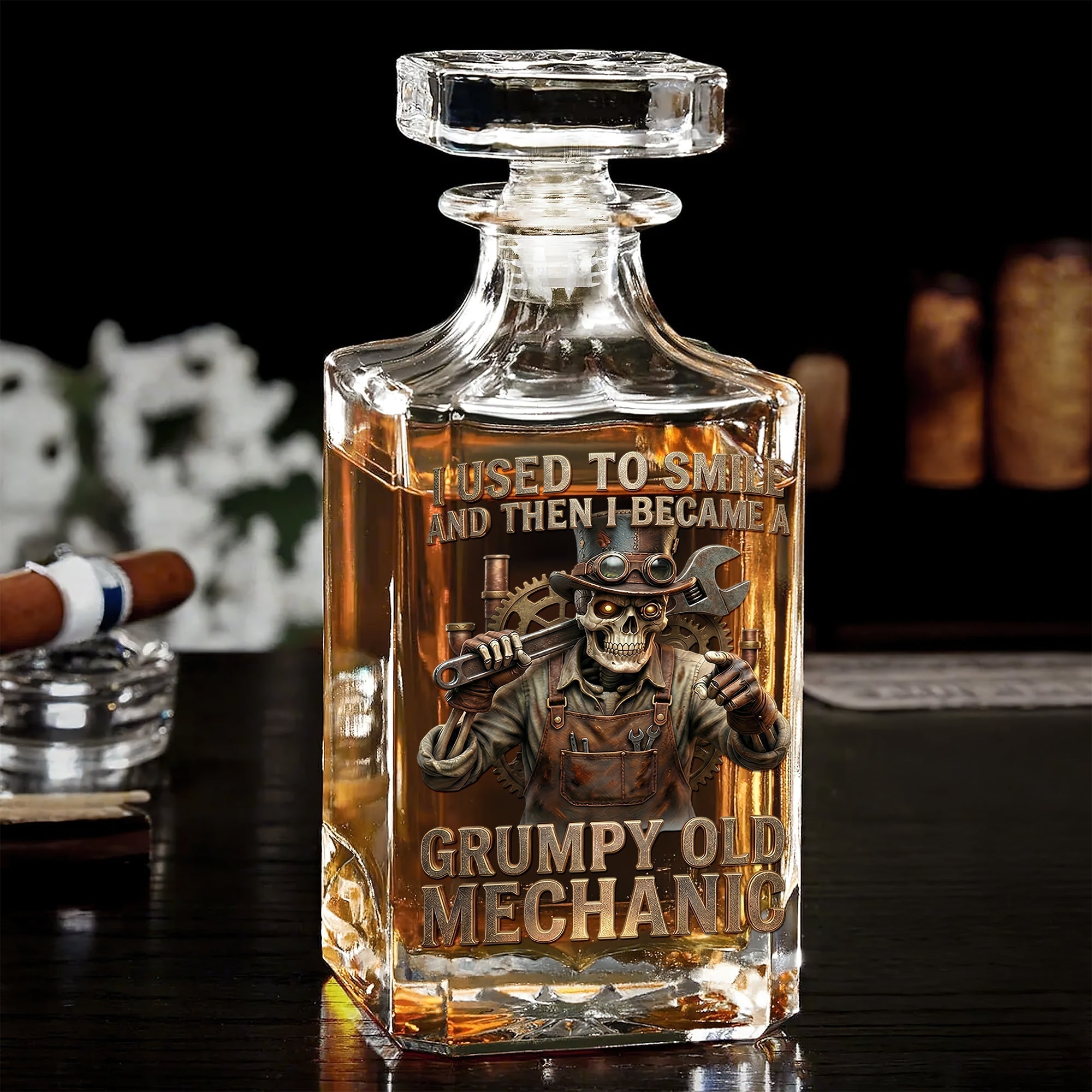 "I Used to Smile and Then I Became a" - Grumpy Old Mechanic Decanter Set - Personalized Gift for Mechanics Bottle PopCulturePrints