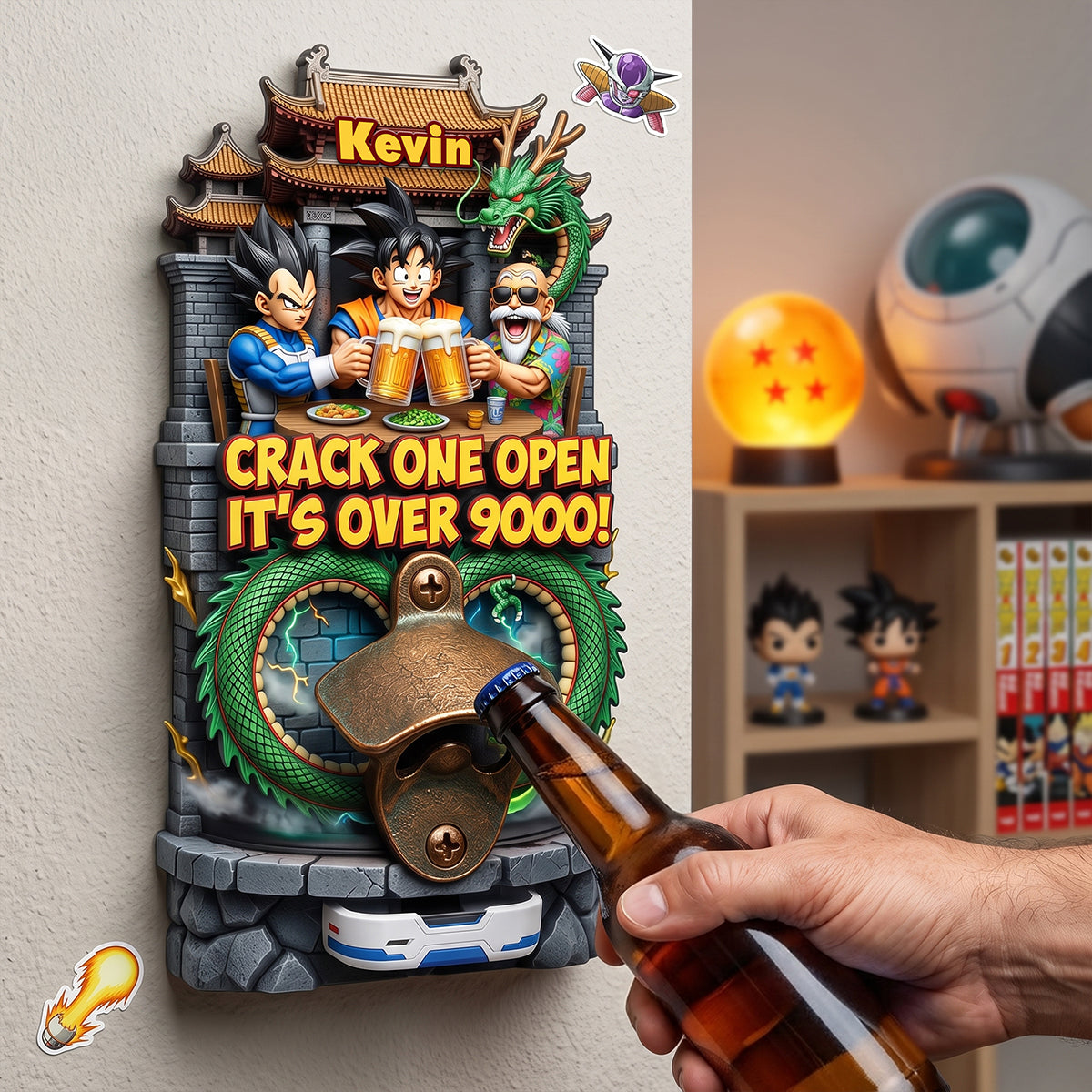 “Crack One Open It's Over 9000!” - Epic Warrior Wooden Wall Hanging Bottle Opener - Personalized Gift for Animation Lovers