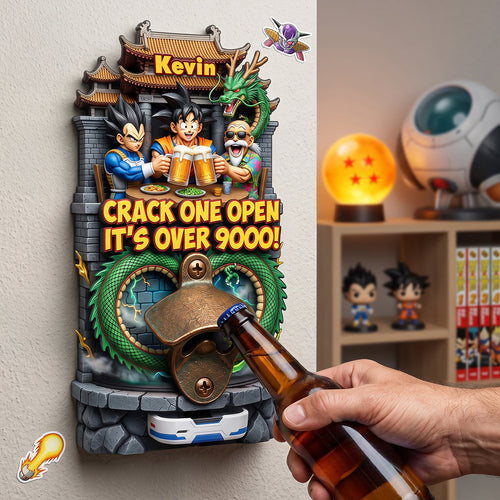 “Crack One Open It's Over 9000!” - Epic Warrior Wooden Wall Hanging Bottle Opener - Personalized Gift for Animation Lovers Bottle Opener PopCulturePrints