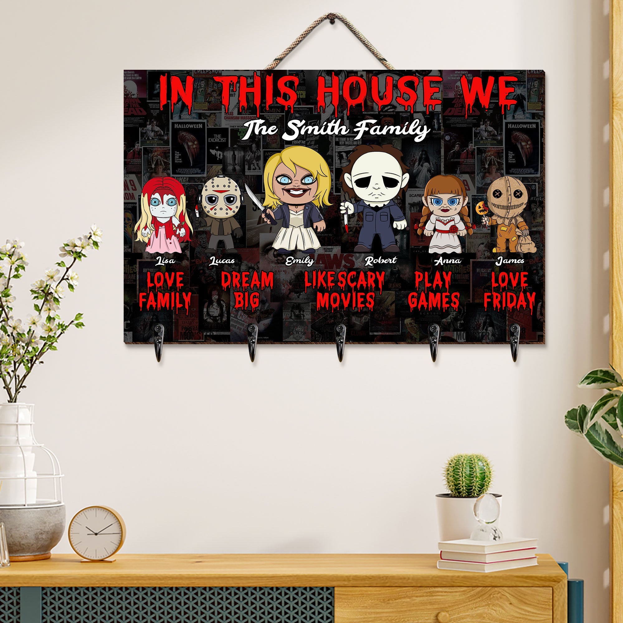 Customized Horror Family Key Hanger - Scary Movie Lovers Wood Sign PopCulturePrints