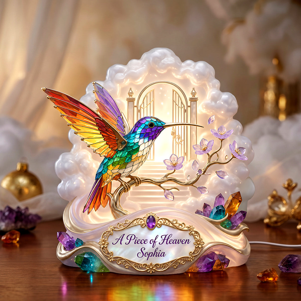A Piece of Heaven - Personalized Memorial Hummingbird Acrylic Light Box