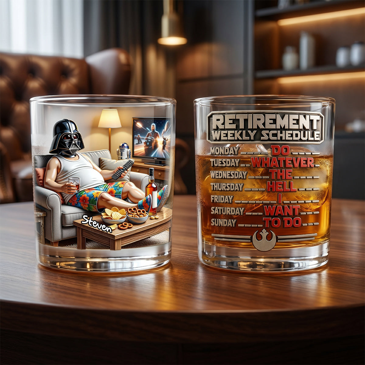 Retirement Weekly Schedule Round Glass - A Fun Personalized Gift for Relaxed Retirees Glass PopCulturePrints
