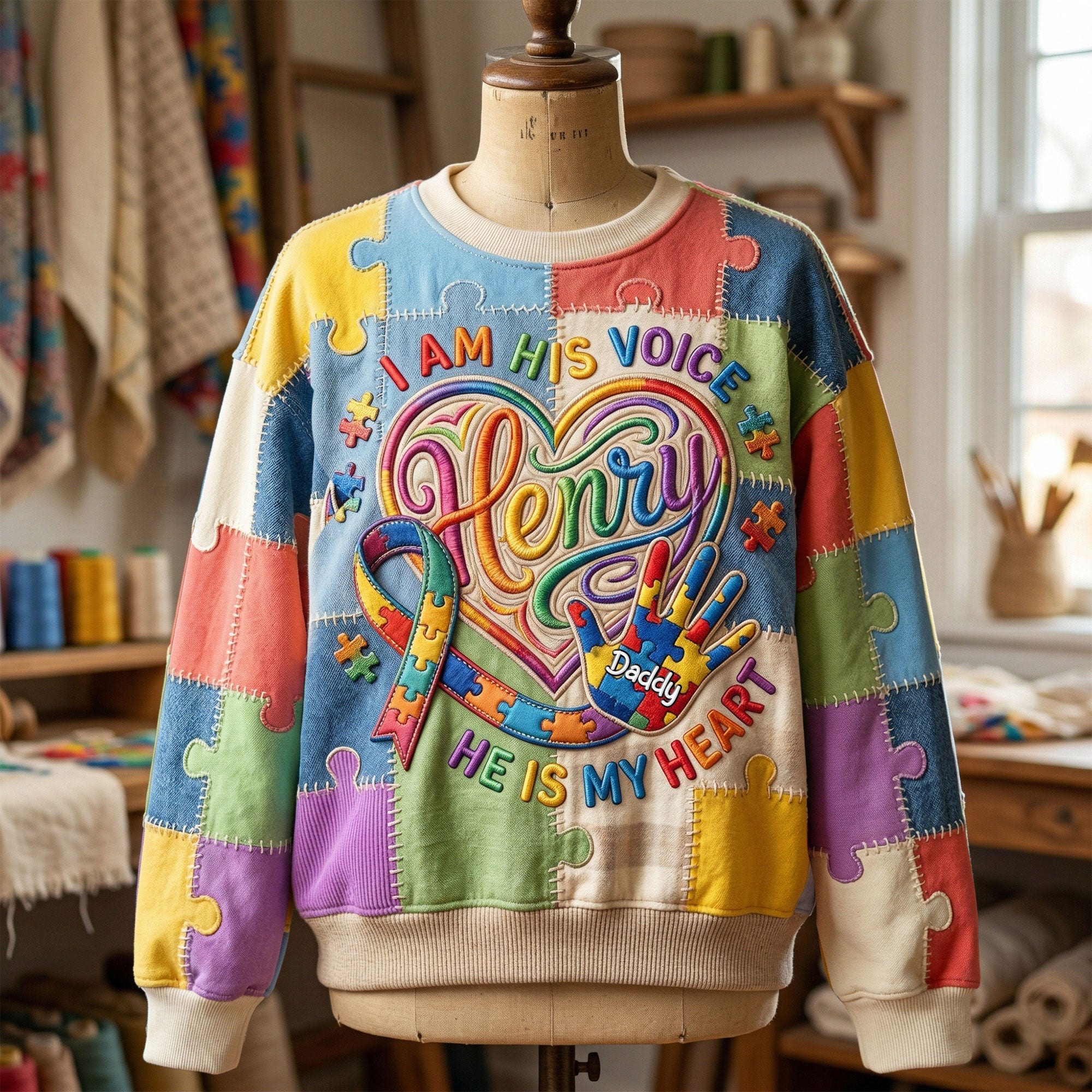 I Am Her Voice, She Is My Heart - Personalized Autism Parent Sweatshirt AOP Products PopCulturePrints