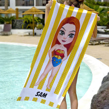 Load image into Gallery viewer, Personalized Superhero Kid Jigsaw Puzzle - Custom Name &amp; Face Beach Towel PopCulturePrints
