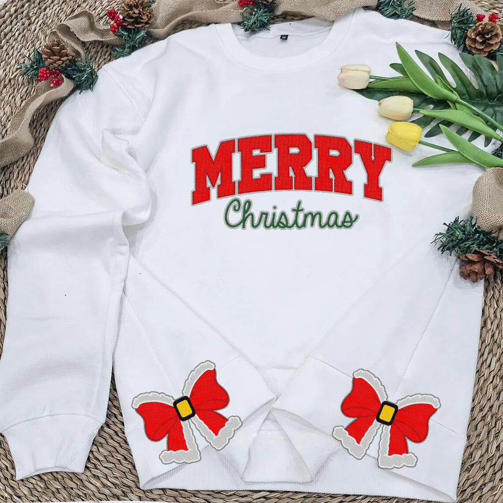 Festive Red Bow Merry Christmas Embroidered Sweatshirt