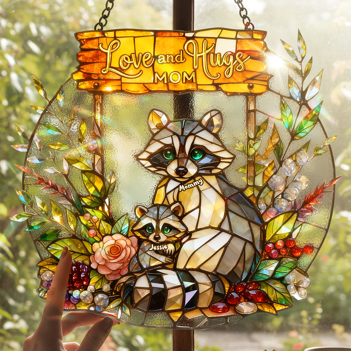 Love and Hugs, Mom - Personalized Raccoon Mom and Kids Suncatcher Ornament - Unique Gift for Moms, Grandmas, and More Ornament PopCulturePrints
