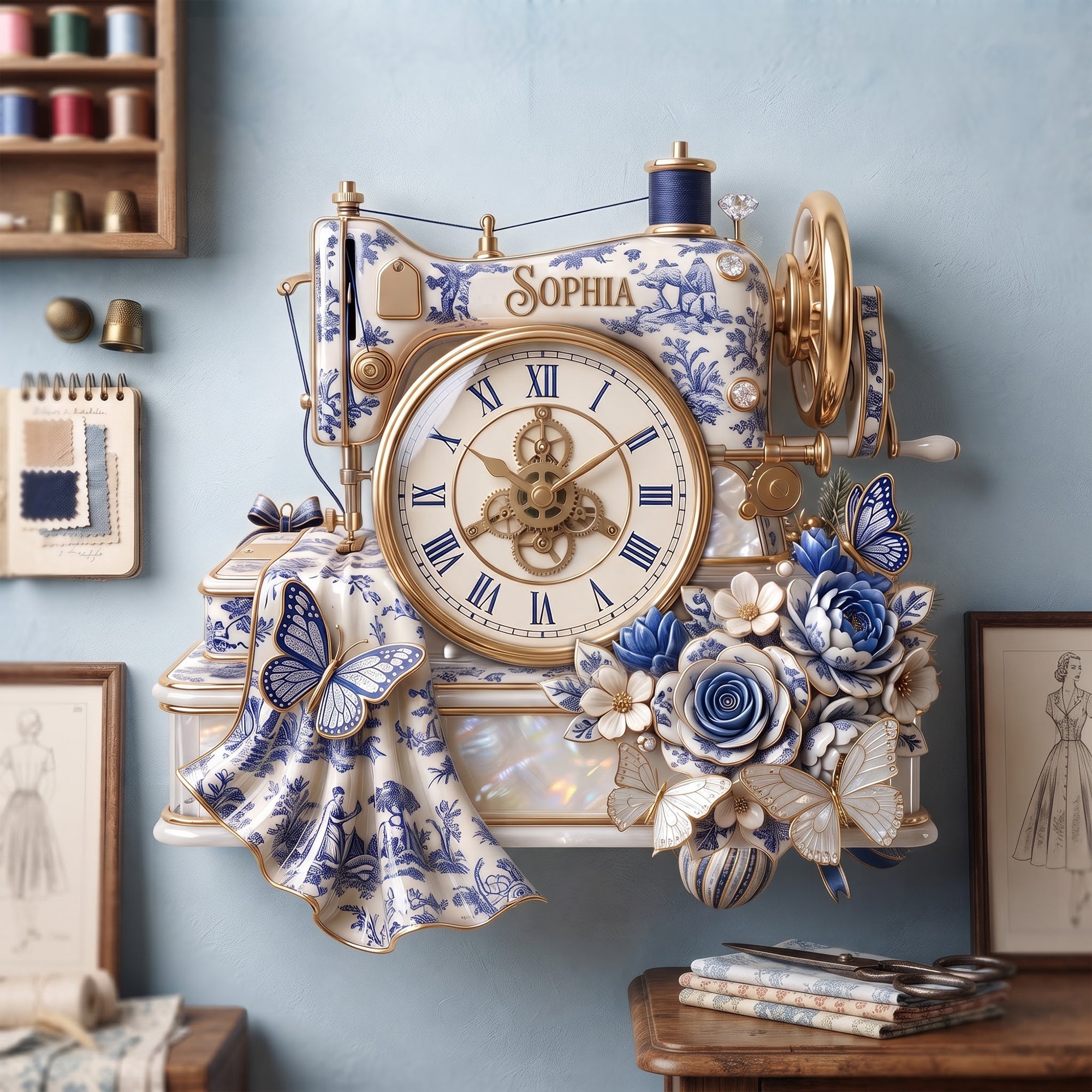 Embrace Timeless Artistry - Floral Sewing Toile De Jouy Wall Clock - Personalized Gift for Craft Lovers and Special Occasions Hanging Wall Clock PopCulturePrints