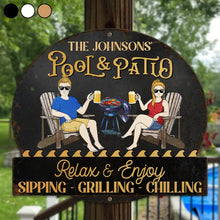 Load image into Gallery viewer, Personalized Pool &amp; Patio Relaxation Sign - Chill with Style Custom Shaped Metal Sign PopCulturePrints
