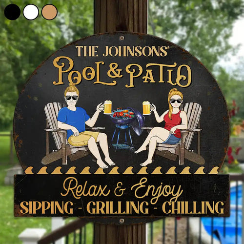 Personalized Pool & Patio Relaxation Sign - Chill with Style Custom Shaped Metal Sign PopCulturePrints