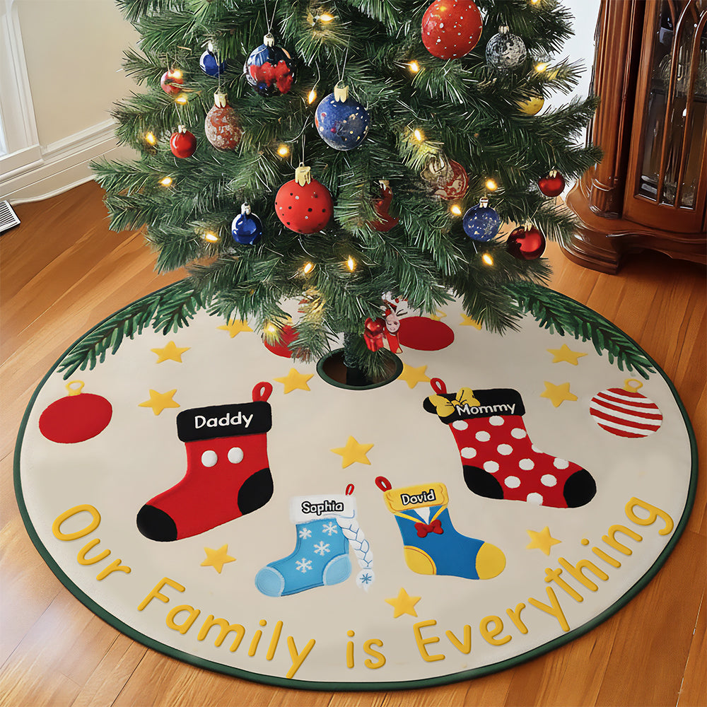 "Our Family is Everything" - Personalized Holiday Stockings Quilted Tree Skirt – Custom Family Gift for Every Occasion Tree Skirt PopCulturePrints
