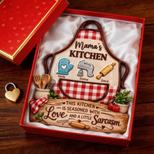 Load image into Gallery viewer, "This Kitchen is Seasoned with Love and a Little Sarcasm" - Mama's Kitchen Acrylic Plaque | Personalized Gift for Mom, Grandma, and Loved Ones Shaped Plaques PopCulturePrints
