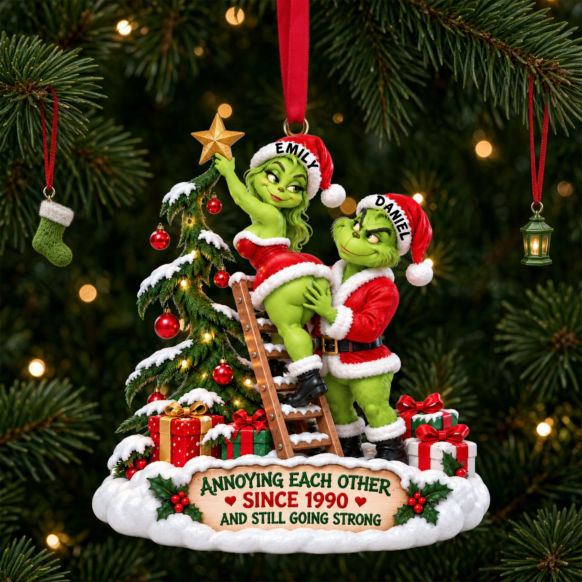 "Annoying Each Other Since 1990" - Customizable Furry Naughty Santa Couple Ornament - Perfect Personalized Gift for Couples, Friends, and Family!