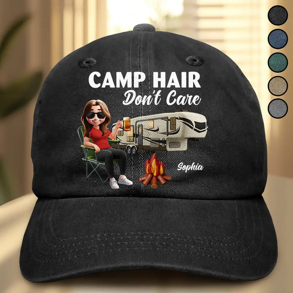 Camp Hair Don't Care - Personalized Vintage Washed Denim Cap Vintage Washed Denim Cap PopCulturePrints