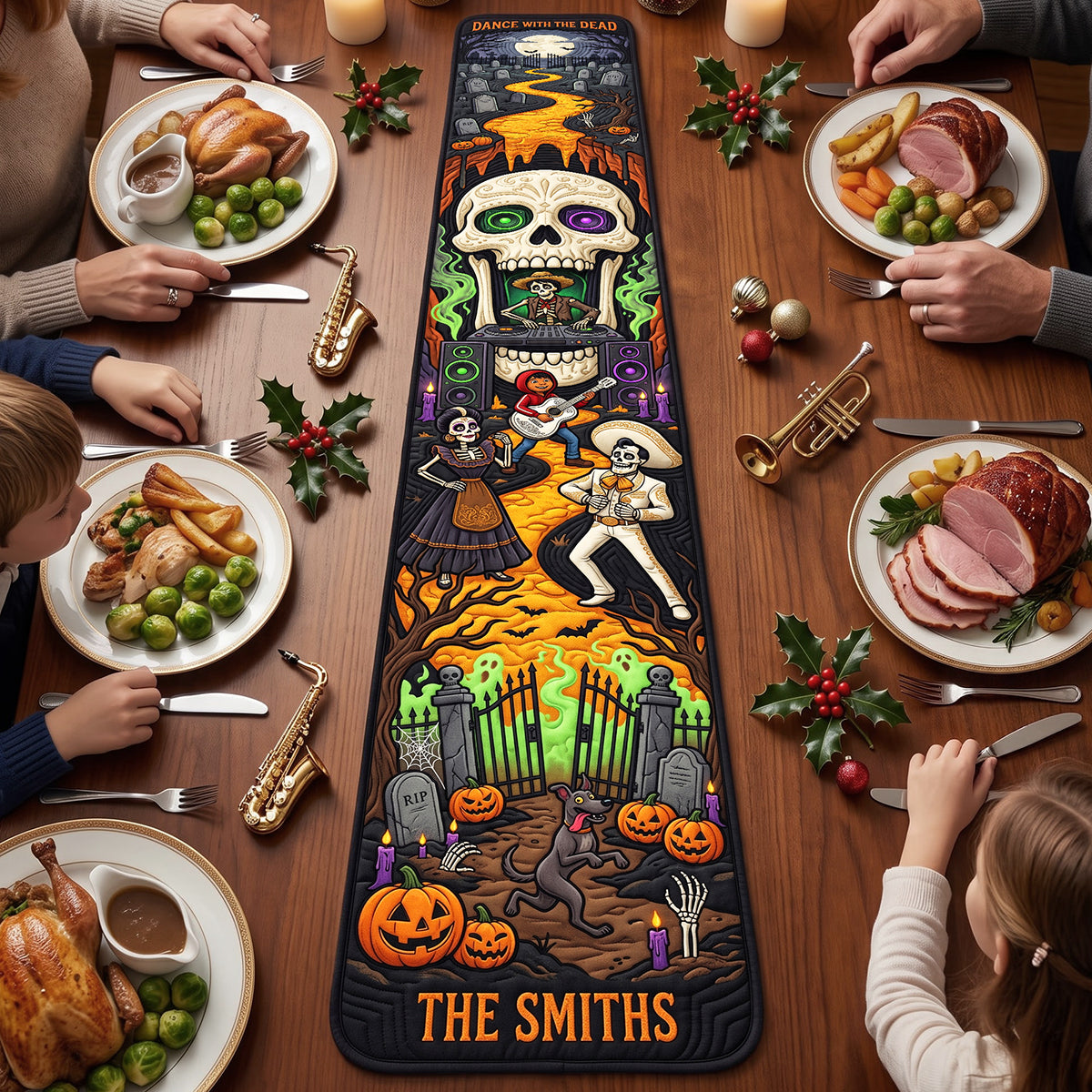 "Dance With The Dead" - Personalized Spooky Fiesta Quilted Table Runner - Unique Halloween Gift for Family and Friends
