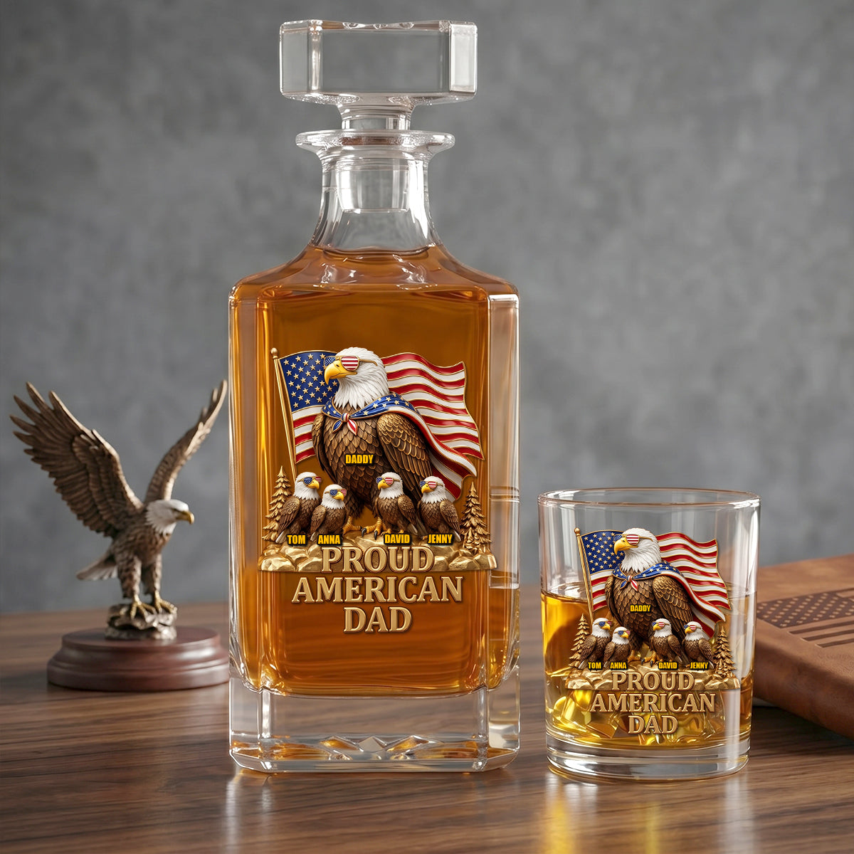 “Honor Your Legacy” - Proud American Eagle Dad Decanter Set - Personalized Gift for Dad and Grandpa Bottle PopCulturePrints