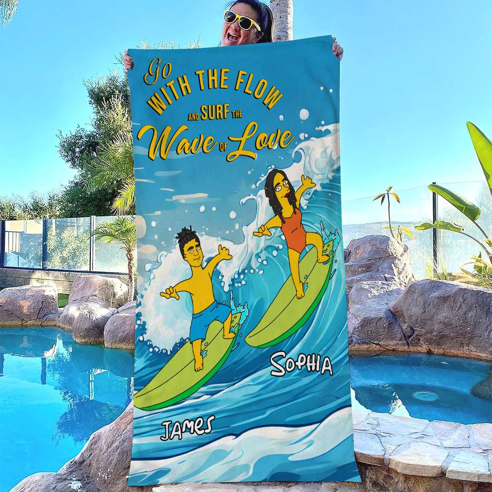 Personalized Surfing Couple Beach Towel Beach Towel PopCulturePrints