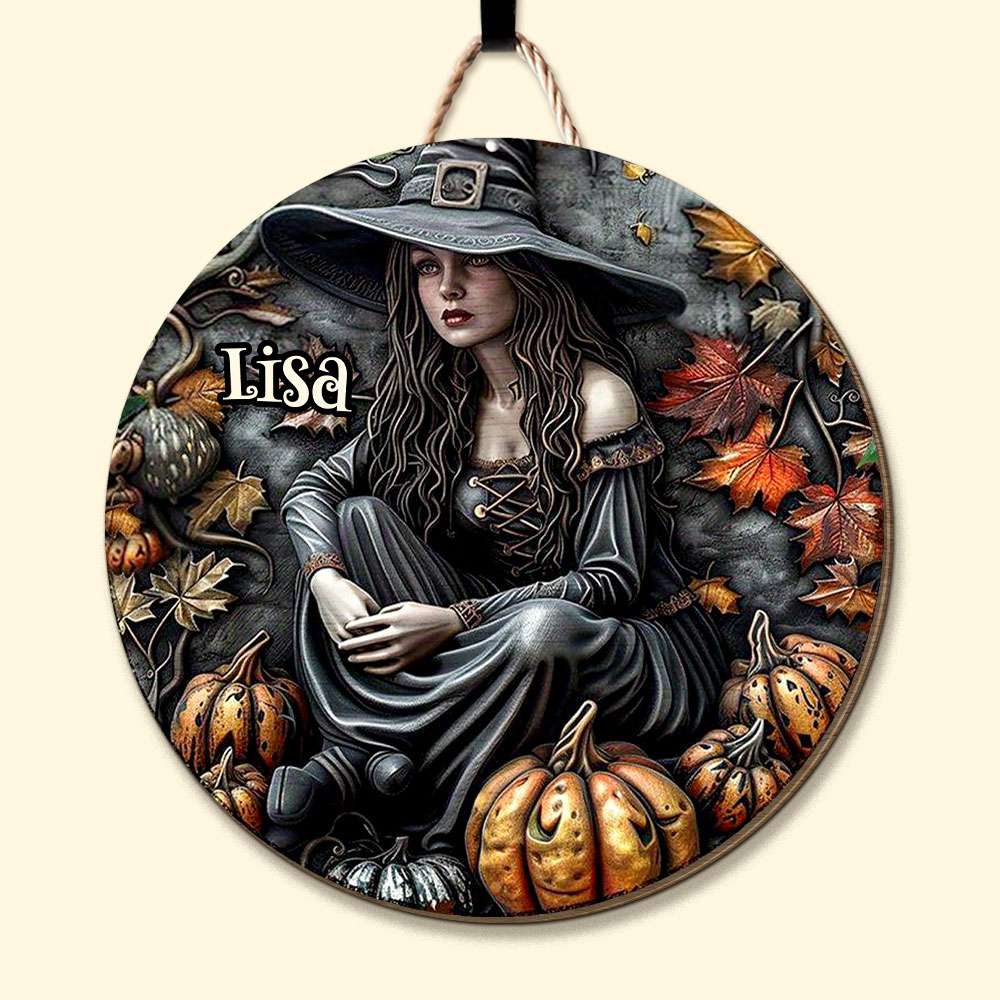 Personalized Halloween Witch Round Wood Sign - Custom Home Decor