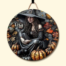 Load image into Gallery viewer, Personalized Halloween Witch Round Wood Sign - Custom Home Decor
