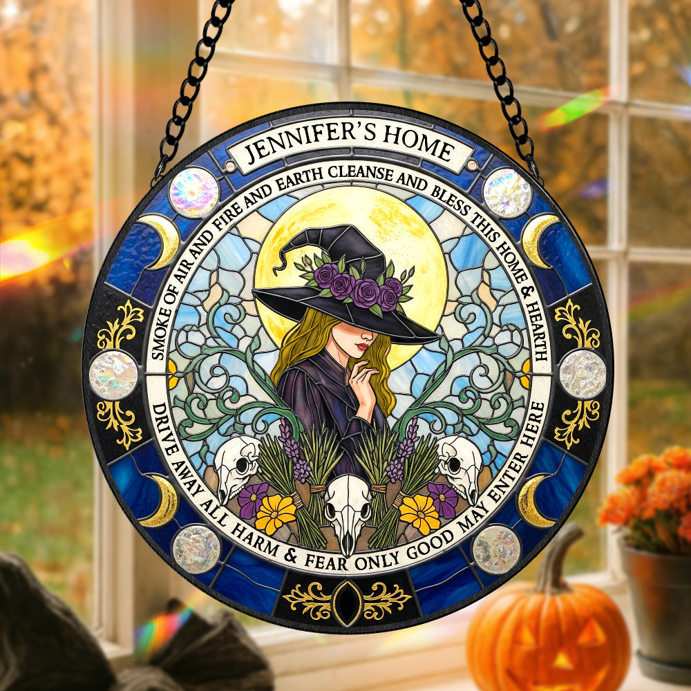 “Bless This Home with Magic” - Personalized Blessings Witch House Stained Glass Suncatcher - Gift for Witch Lovers Ornament PopCulturePrints