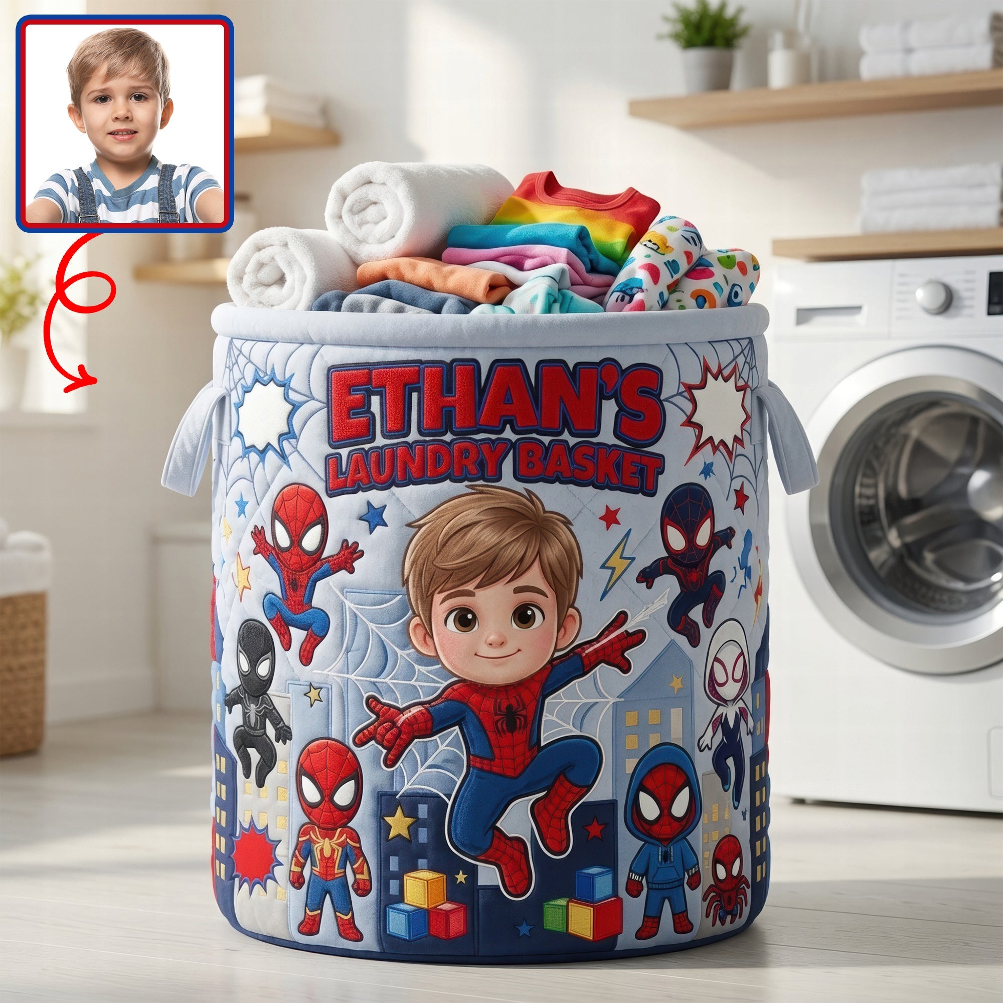 "Every Hero Needs a Home" - Personalized Custom Photo Little Hero Quilted Laundry Basket - Gift for Kids