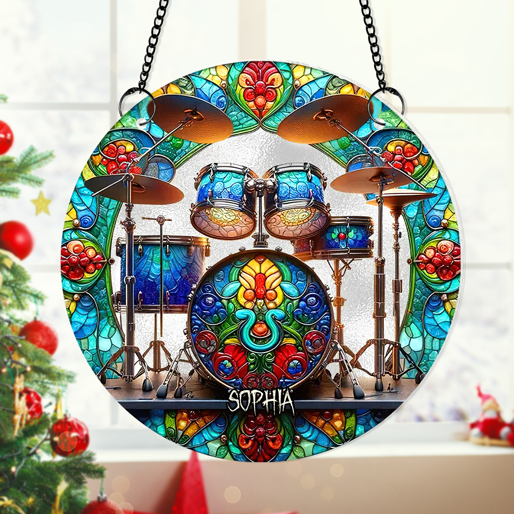 Personalized Suncatcher Ornament for Drum Lovers - Skeleton Drummer Design