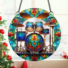 Load image into Gallery viewer, Personalized Suncatcher Ornament for Drum Lovers - Skeleton Drummer Design
